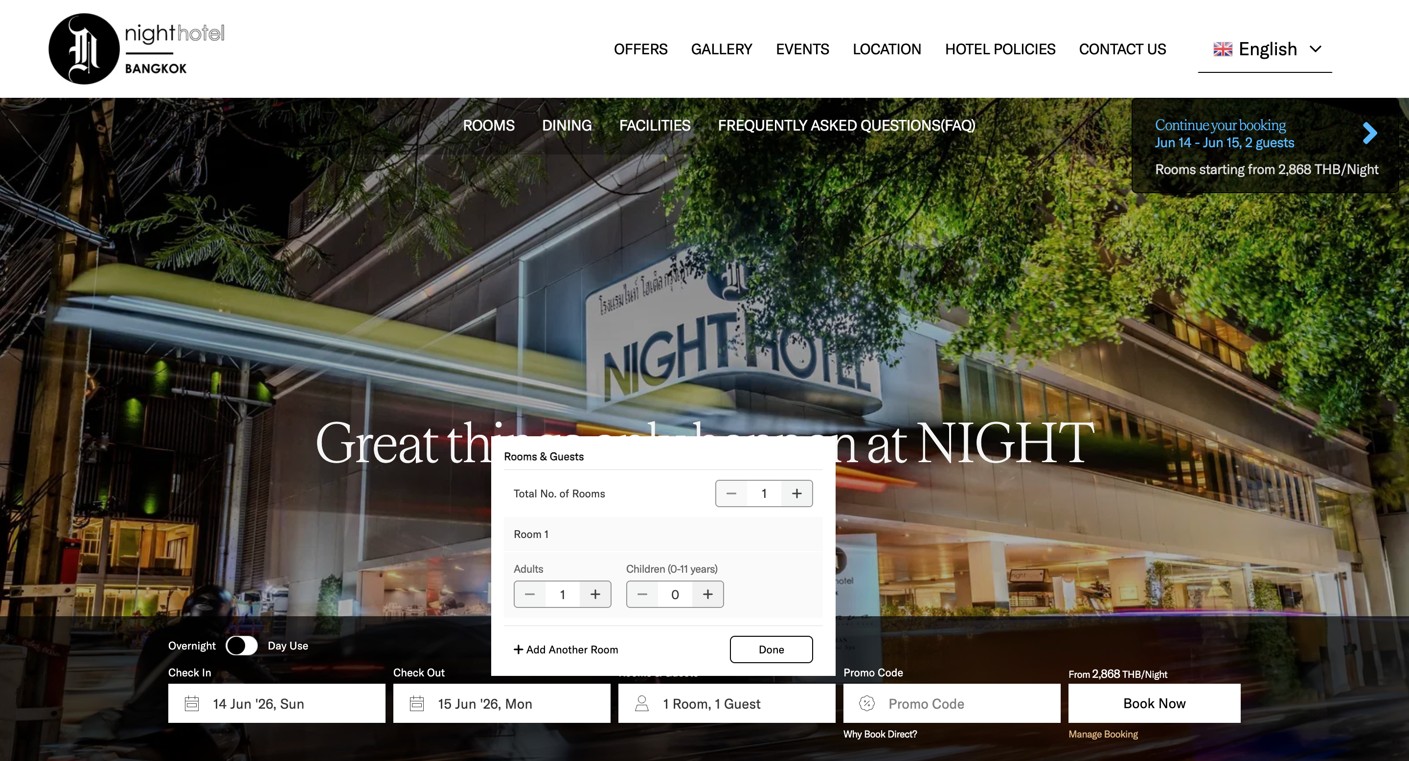 Live booking engine — Rooms & Guests redesign at Night Hotel Bangkok
