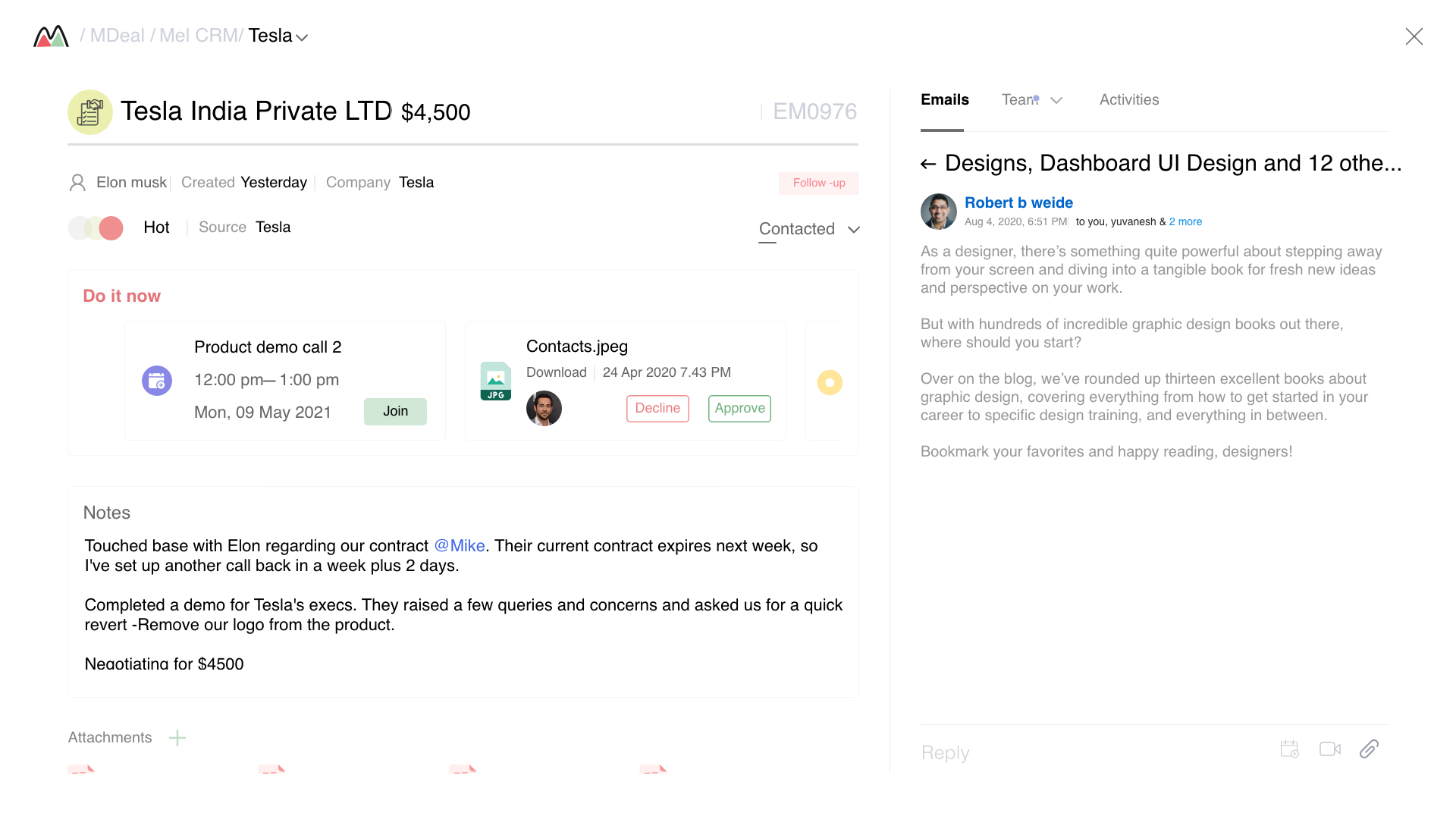 Mel CRM — Deal detail view for Tesla India Private LTD showing notes, activities, and status timeline