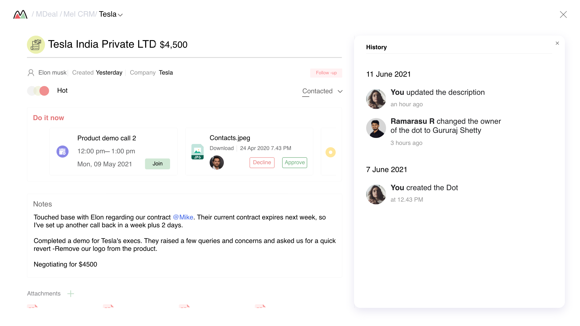 Deal detail — Team tab with inline chat