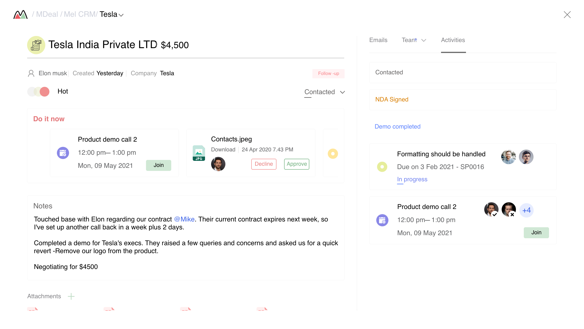 Deal detail — Activities timeline