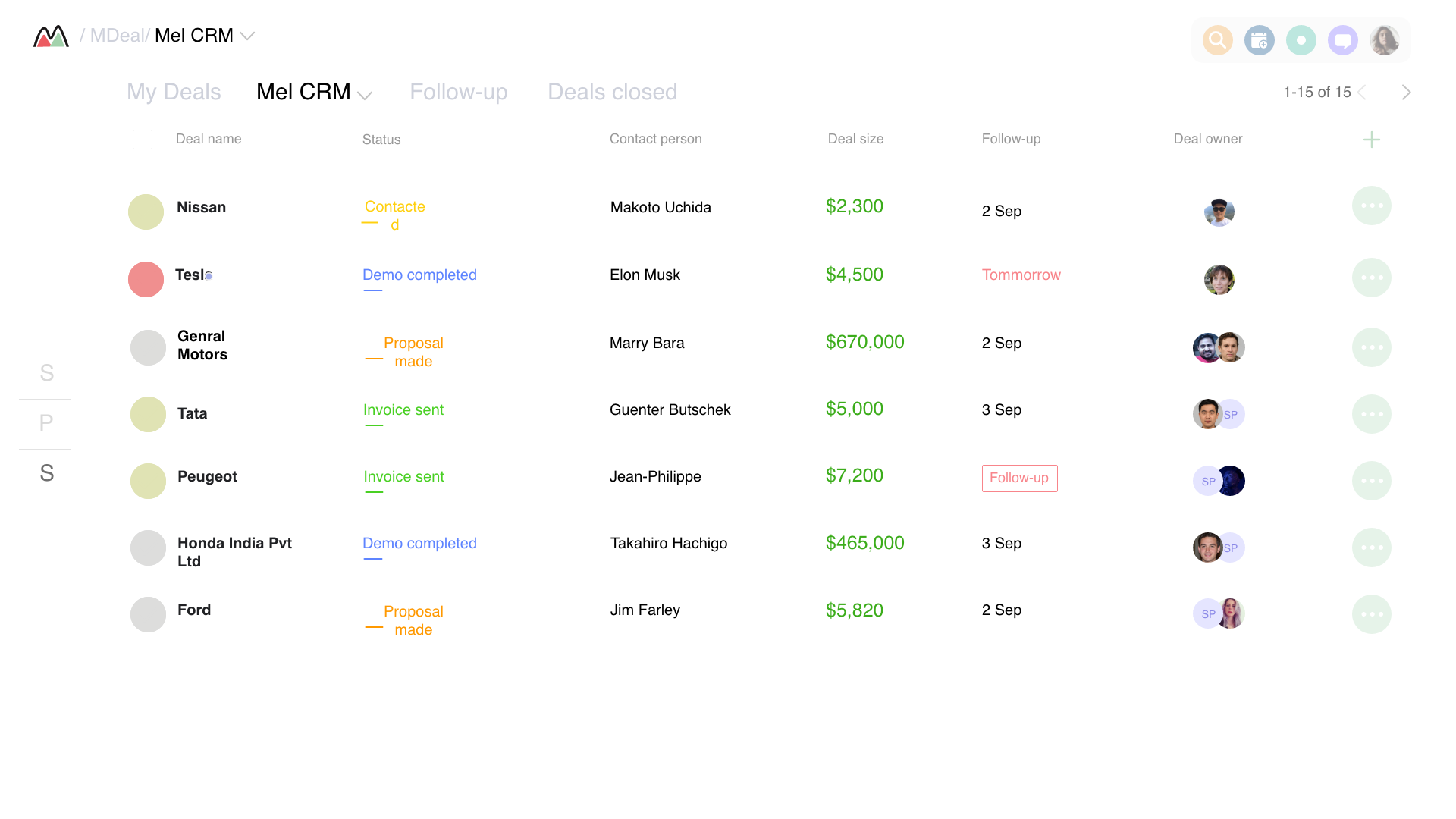 Mel CRM — My Deals list view showing deal name, status, contact, deal size, follow-up date, and deal owner columns