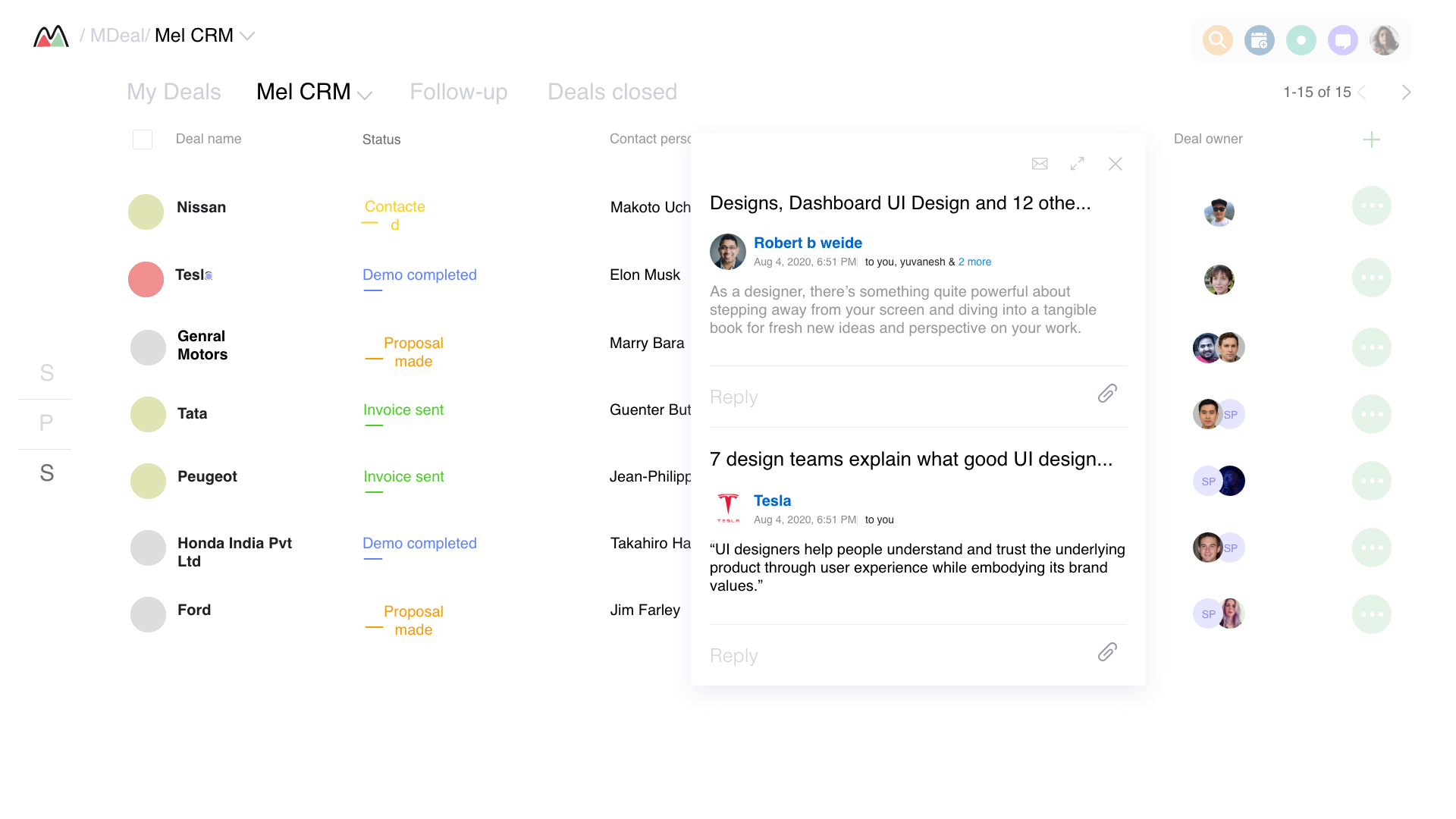 Mel CRM — Status kanban view with cleaner card layout