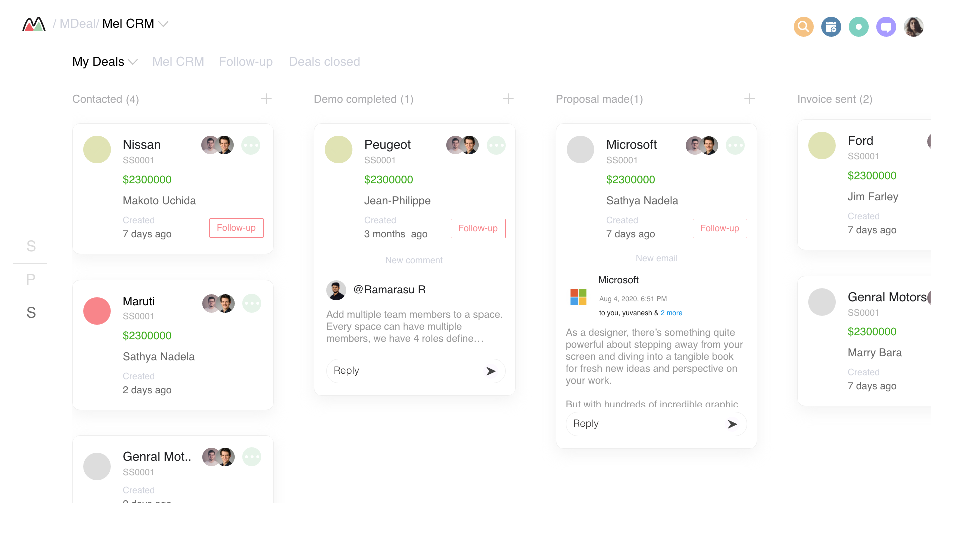 Mel CRM — Kanban pipeline board with deals in Contacted, Demo completed, Proposal made, Invoice sent columns