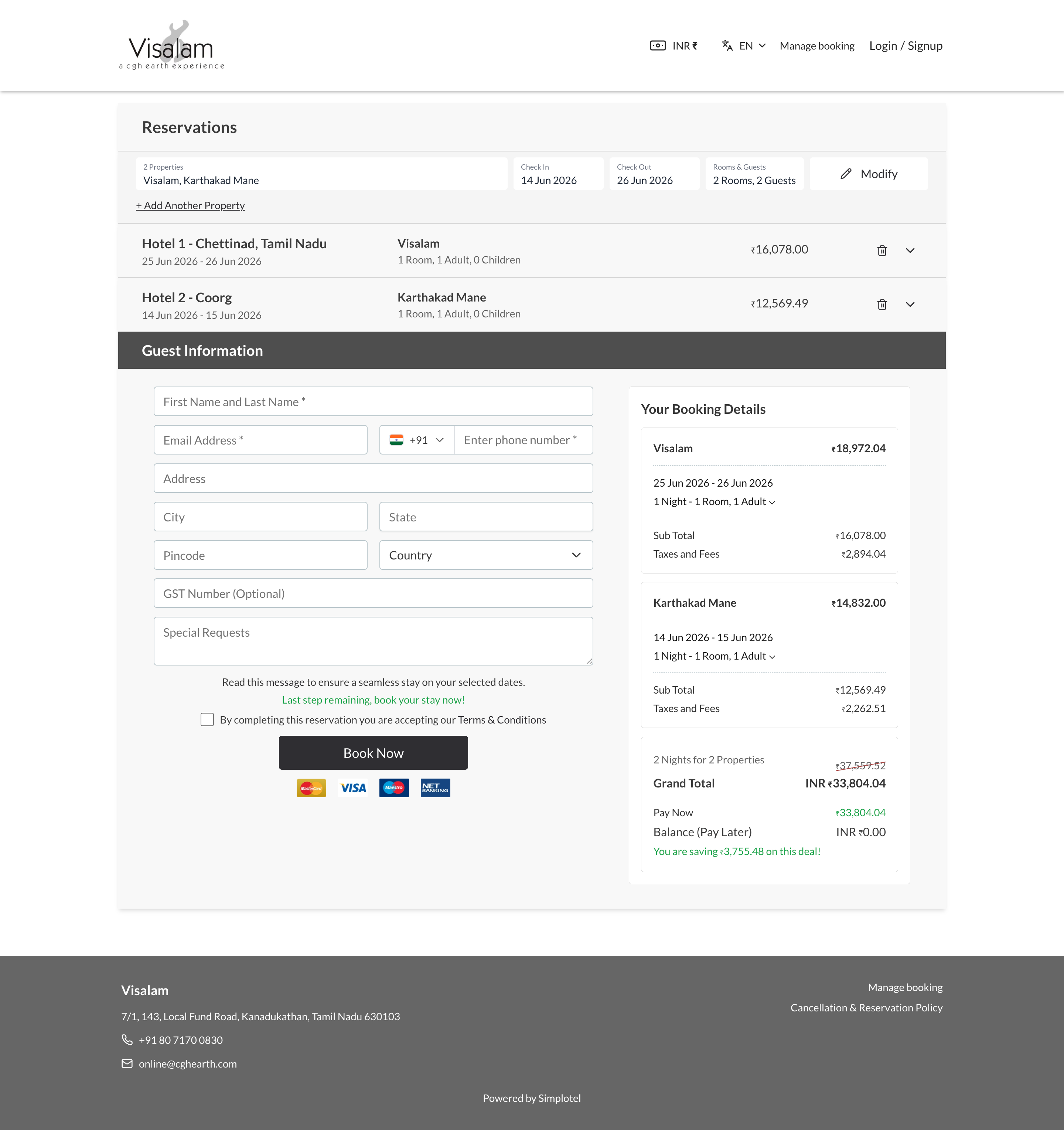 Multi-property checkout with transparent per-hotel pricing breakdown — CGH Earth