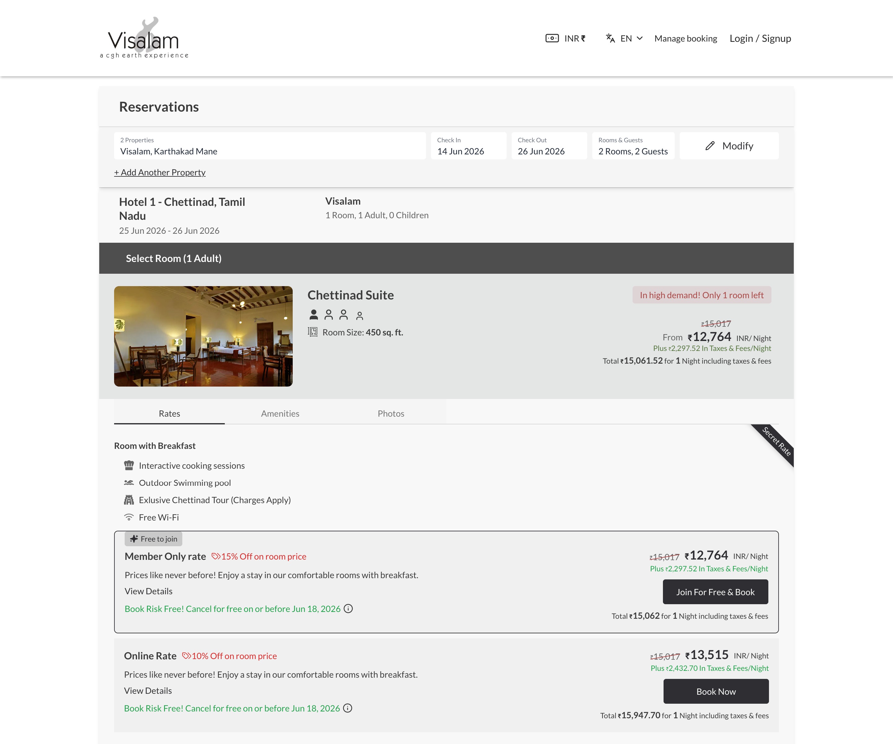 Room selection with rate plans and tax-inclusive pricing — CGH Earth