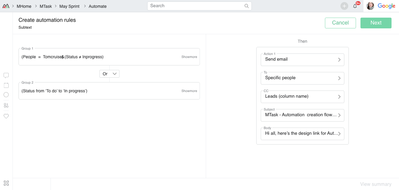 Automation rule builder — When panel with Group 1 and Group 2 conditions connected by OR, Then panel with Send email action configured to specific people with subject and body
