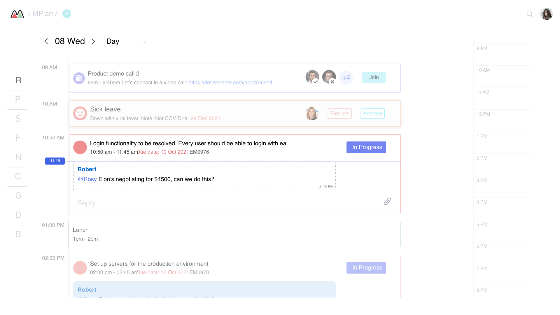 MPlan — Day view calendar showing product demo call with Join button, sick leave approval card, in-progress tasks with due dates, and inline message threading
