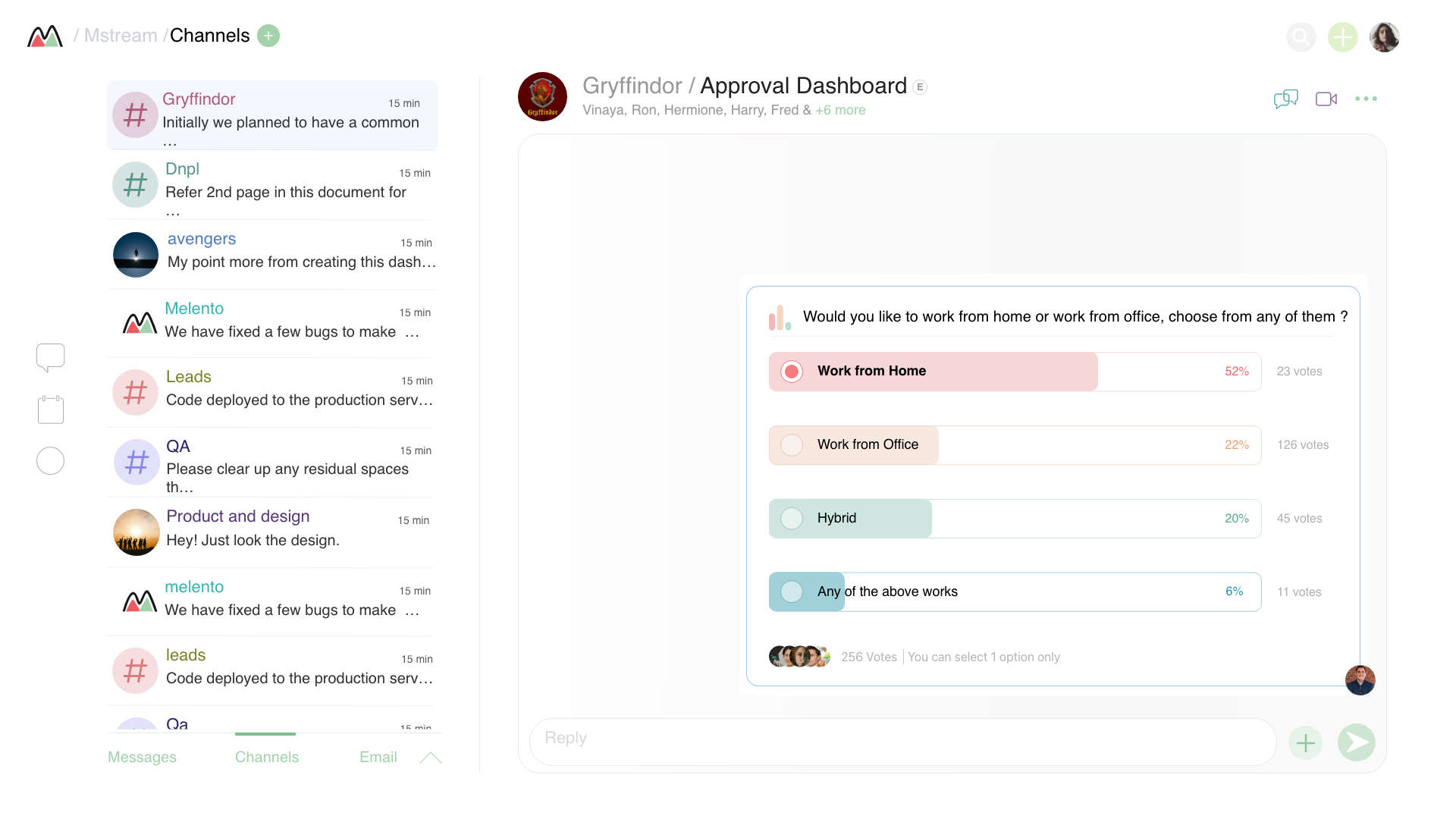Mreach — Channels view showing a live poll in the Gryffindor Approval Dashboard with vote percentages and single-select enforcement