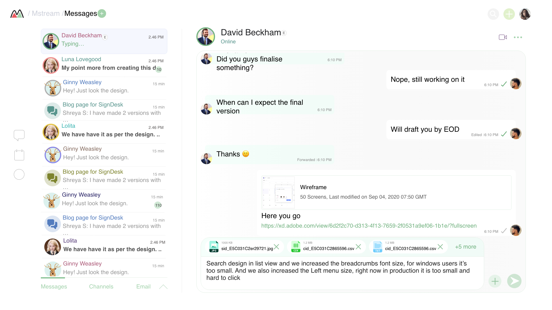 Mreach — Direct messages view with David Beckham showing conversation thread, forwarded file attachment, and XD prototype link