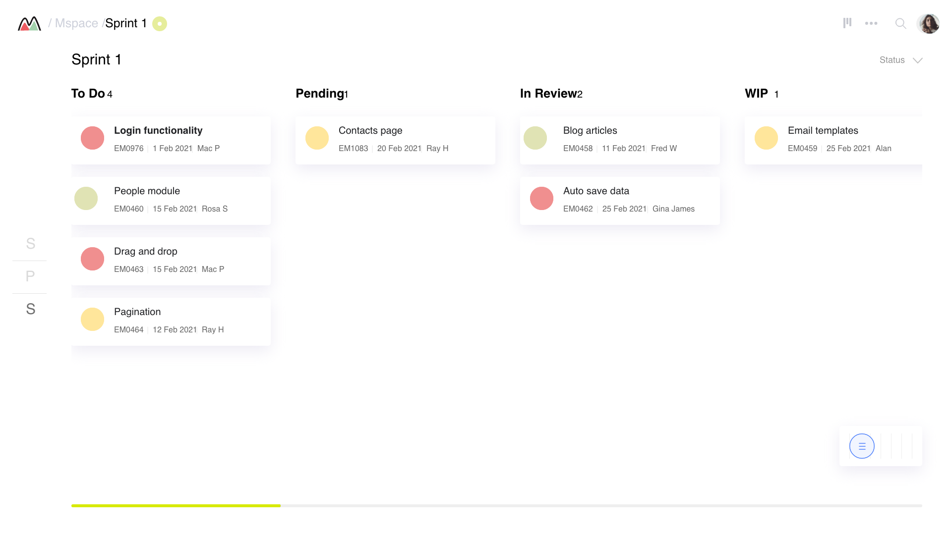 MSpace — Sprint 1 kanban board with To Do, Pending, In Review, and WIP columns