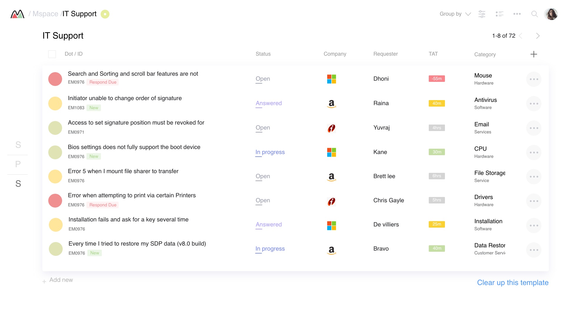 MTicket — IT Support full list view showing 8 tickets with TAT colours, requesters, company logos, and category column