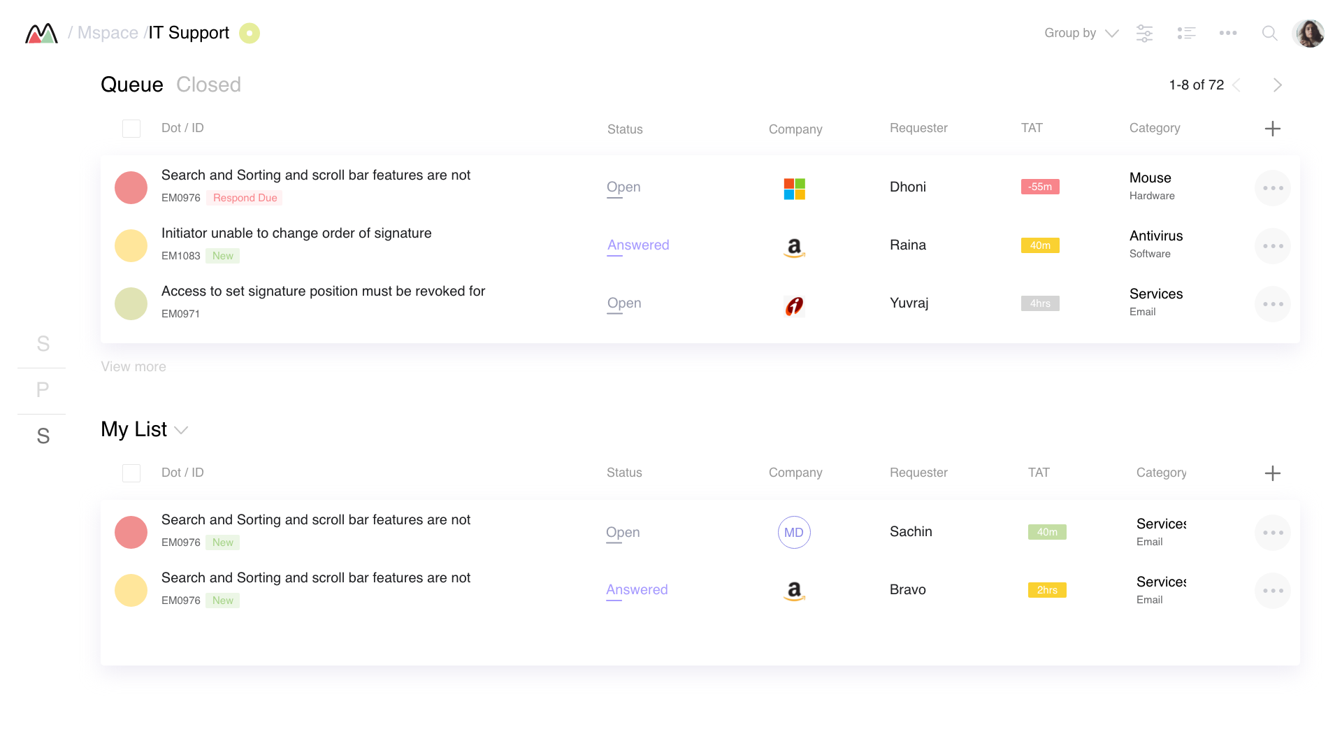 MTicket — Queue and My List split view with Open and Answered status, company logos, and TAT urgency badges