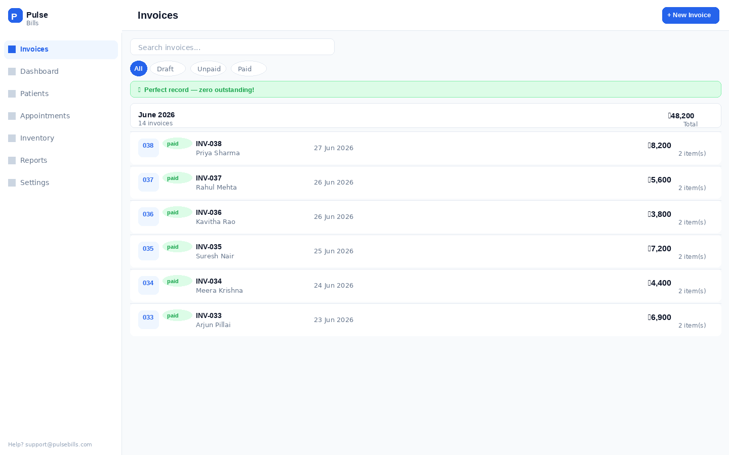 PulseBills Invoices — perfect record, zero outstanding