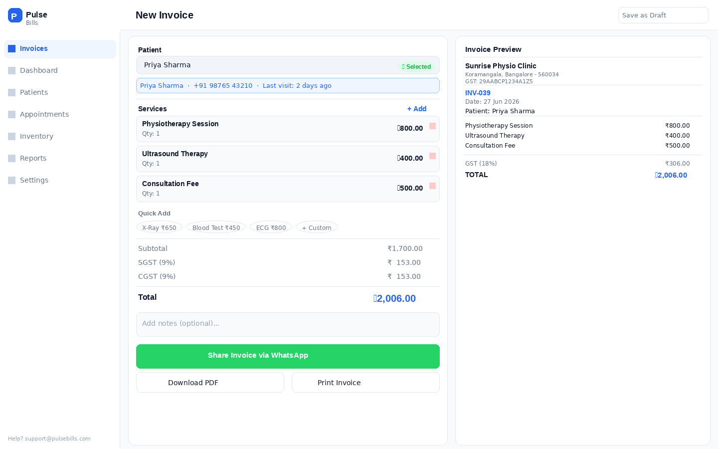 PulseBills New Invoice — one-screen billing flow