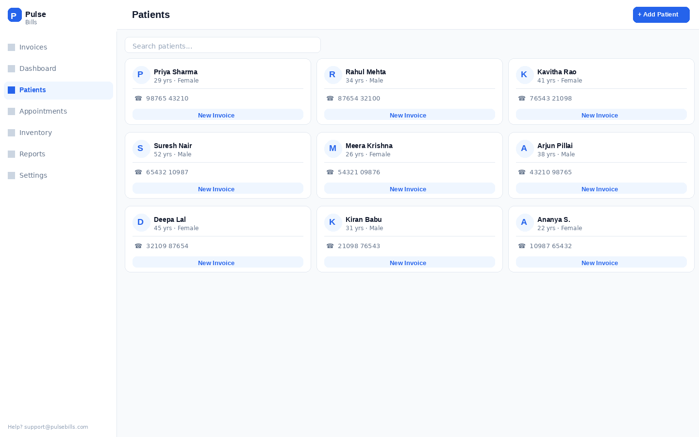 PulseBills Patients — searchable directory with one-tap billing